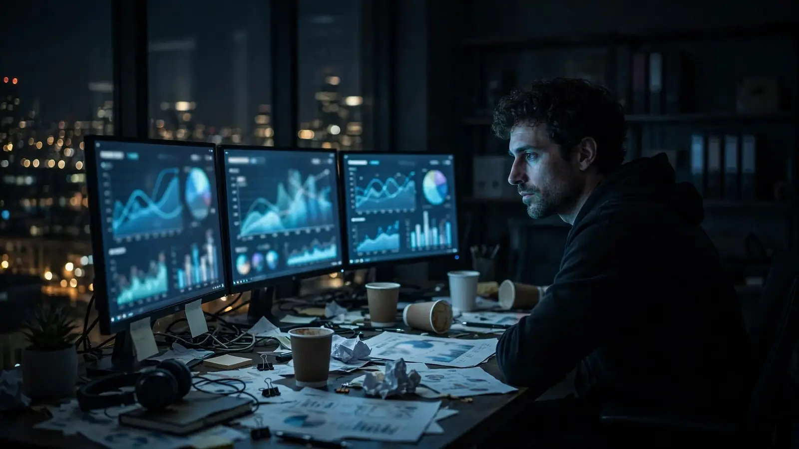 A founder working alone at a desk late at night, face lit by glowing monitors